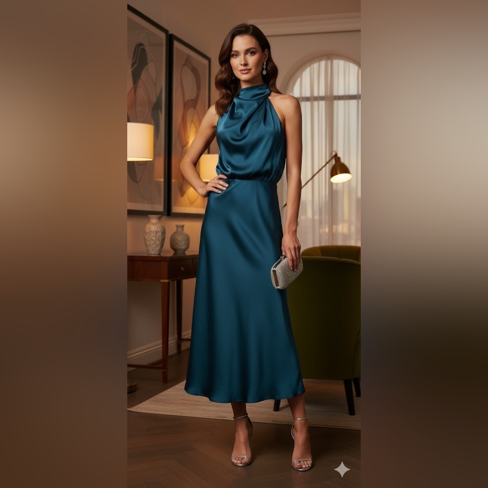 Petal & Pup Elegant Teal Satin Cocktail  Dress